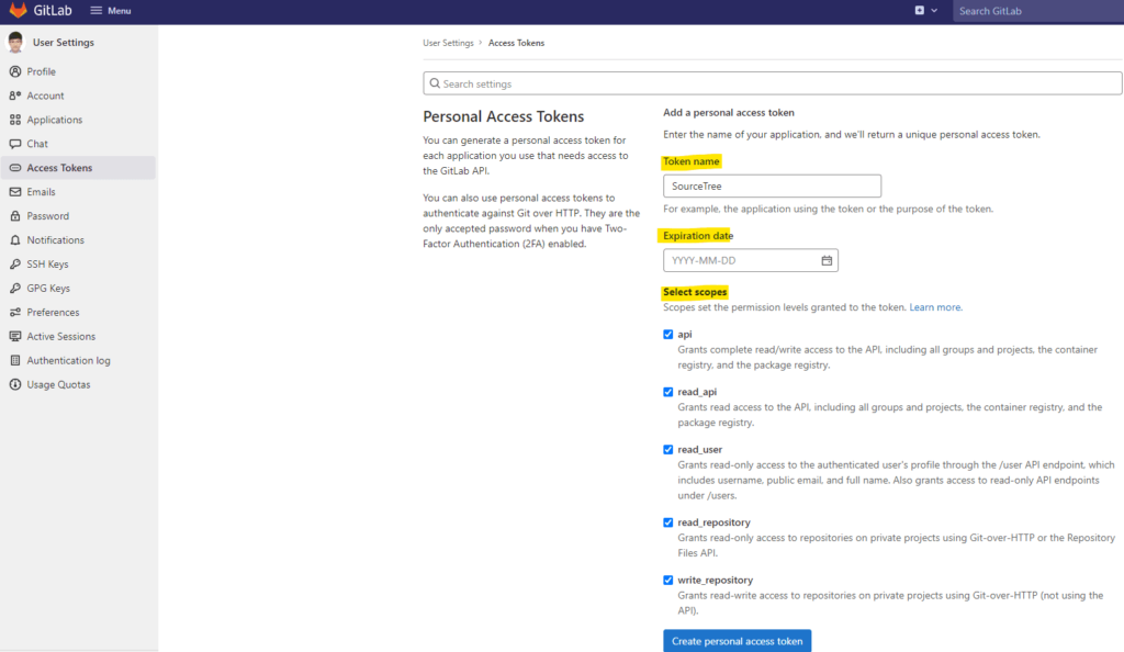 GitLab Generate Personal Access Token Setting